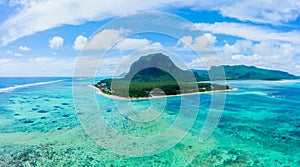 Aerial panoramic view of Mauritius island - Detail of Le Morne Brabant mountain with underwater waterfall perspective optic photo