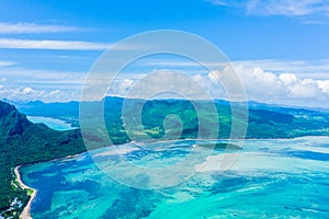 Aerial panoramic view of Mauritius island - Detail of Le Morne Brabant mountain with underwater waterfall perspective optic photo