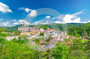 Aerial panoramic view of medieval Loket town with Loket Castle Hrad Loket gothic style on massive rock