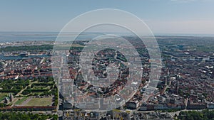 Aerial panoramic view of metropolis. Historic city centre with famous landmarks from height. Copenhagen, Denmark