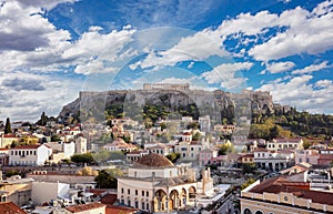 Aerial panoramic view of Monastiraki square and the Acropolis in Athens, Greece