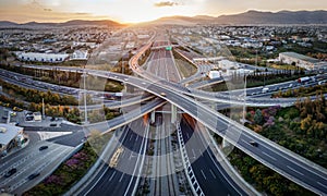 Aerial panoramic view of multilevel junction highway road as seen in Attiki Odos in Athens photo