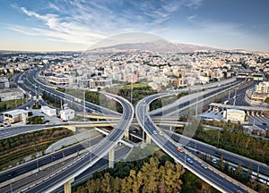 Aerial panoramic view of multilevel junction highway road interchange section