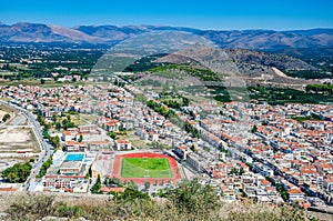 Aerial panoramic view of Nauplio city from Venetian fortress of Palamidi fortress, Argolida, Peloponnese, Greece