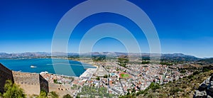 Aerial panoramic view of Nauplio city from Venetian fortress of Palamidi fortress, Argolida, Peloponnese, Greece