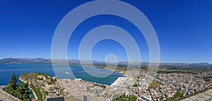 Aerial panoramic view of Nauplio city from Venetian fortress of Palamidi fortress, Argolida, Peloponnese, Greece