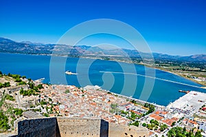 Aerial panoramic view of Nauplio city from Venetian fortress of Palamidi fortress, Argolida, Peloponnese, Greece