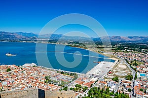 Aerial panoramic view of Nauplio city from Venetian fortress of Palamidi fortress, Argolida, Peloponnese, Greece