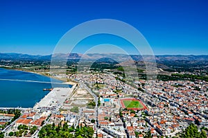 Aerial panoramic view of Nauplio city from Venetian fortress of Palamidi fortress, Argolida, Peloponnese, Greece