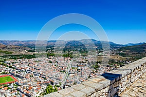 Aerial panoramic view of Nauplio city from Venetian fortress of Palamidi fortress, Argolida, Peloponnese, Greece