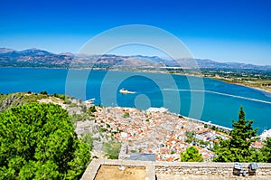 Aerial panoramic view of Nauplio city from Venetian fortress of Palamidi fortress, Argolida, Peloponnese, Greece