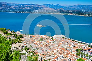 Aerial panoramic view of Nauplio city from Venetian fortress of Palamidi fortress, Argolida, Peloponnese, Greece