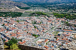 Aerial panoramic view of Nauplio city from Venetian fortress of Palamidi fortress, Argolida, Peloponnese, Greece