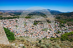 Aerial panoramic view of Nauplio city from Venetian fortress of Palamidi fortress, Argolida, Peloponnese, Greece