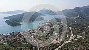 Aerial panoramic view of Nidri Bay at Lefkada Island, Ionian Islands, Greece