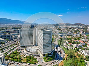 Aerial panoramic view of northern suburbs of Athens city. Centered the public Helenic Telecommunication headquarters known as OTE photo