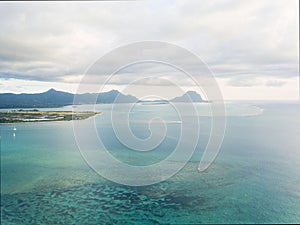 Aerial panoramic view of ocean and mountains Mauritius
