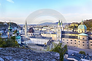 Aerial panoramic view ofhistoric city of Salzburg including Mirabell palace, Salzburg cathedral and many churches.