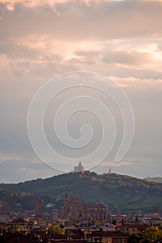 Aerial panoramic view of old Bologna city