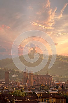 Aerial panoramic view of old Bologna city