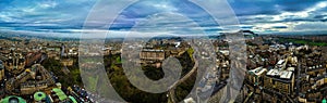 Aerial panoramic view of old city area of Edinburgh in spring