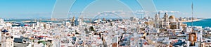 Aerial panoramic view of the old city rooftops and Cathedral