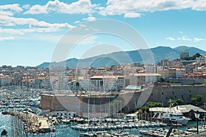 Aerial panoramic view on old port in Marseille