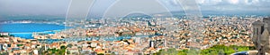 Aerial panoramic view of old port and Marseille city. France