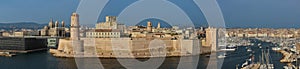 Aerial panoramic view on old port in Marseille, France