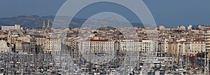 Aerial panoramic view on old port in Marseille, France