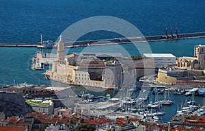 Aerial panoramic view on old port in Marseille, France