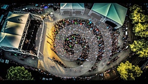 Aerial Panoramic View Of Outdoor Concerts : Drone Footage Bird\'s Eye (Generative AI)