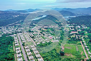 Aerial panoramic view over Akosombo town in Ghana