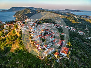 Aerial panoramic view over Chora the beautiful old Village of Alonnisos island, Sporades, Greece