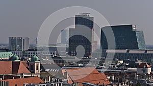 Aerial panoramic view over the northeast of the downtown of Vienna, capital of Austria, with high-rise office buildings.