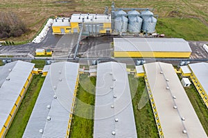 aerial panoramic view over silos and agro-industrial livestock complex on agro-processing and manufacturing plant with modern