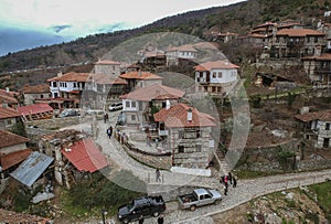 Aerial panoramic view of Paleos Panteleimonas Village. It is an old picturesque village in the prefecture of Pieria. It is built