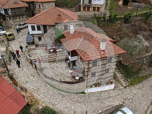 Aerial panoramic view of Paleos Panteleimonas Village. It is an old picturesque village in the prefecture of Pieria. It is built