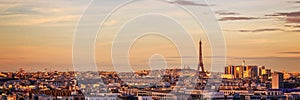 Aerial panoramic view of Paris with the Eiffel tower at sunset, France city travel concept