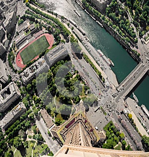 Aerial panoramic view of Paris and Seine river as seen from Eiffel Tower