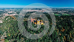 Aerial panoramic view of Pena Palace, a romanticist castle in the Sintra, Portugal