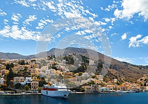 Aerial panoramic view of the pictorial old port Symi island in Greece