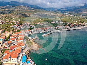 Aerial panoramic view of the picturesque seaside village Agios Nikolaos in Mani, Messinia, Greece