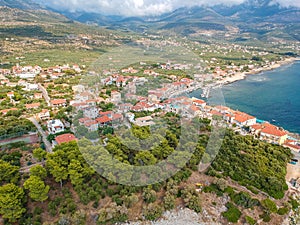 Aerial panoramic view of the picturesque seaside village Agios Nikolaos in Mani, Messinia, Greece