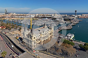 Aerial panoramic view of port Vell marina in Barcelona, Catalonia, Spain