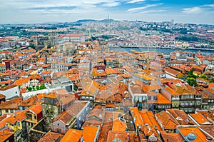 Aerial panoramic view of Porto Oporto city historical centre with red tiled roof typical buildings