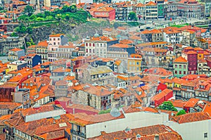 Aerial panoramic view of Porto Oporto city historical centre with red tiled roof typical buildings