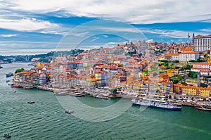 Aerial panoramic view of Porto Oporto city historical centre with Ribeira district colorful buildings houses on
