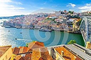 Aerial panoramic view of Porto Oporto city historical centre with Ribeira district colorful buildings houses on