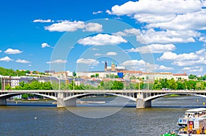 Aerial panoramic view of Prague city, historical center with Prague Castle, St. Vitus Cathedral